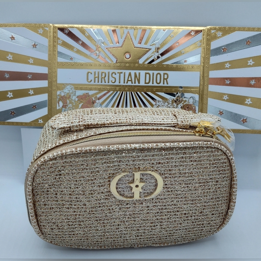 Christian Dior Platinum Beauty GWP Gold Tweed Cosmetic Vanity Pouch NIB